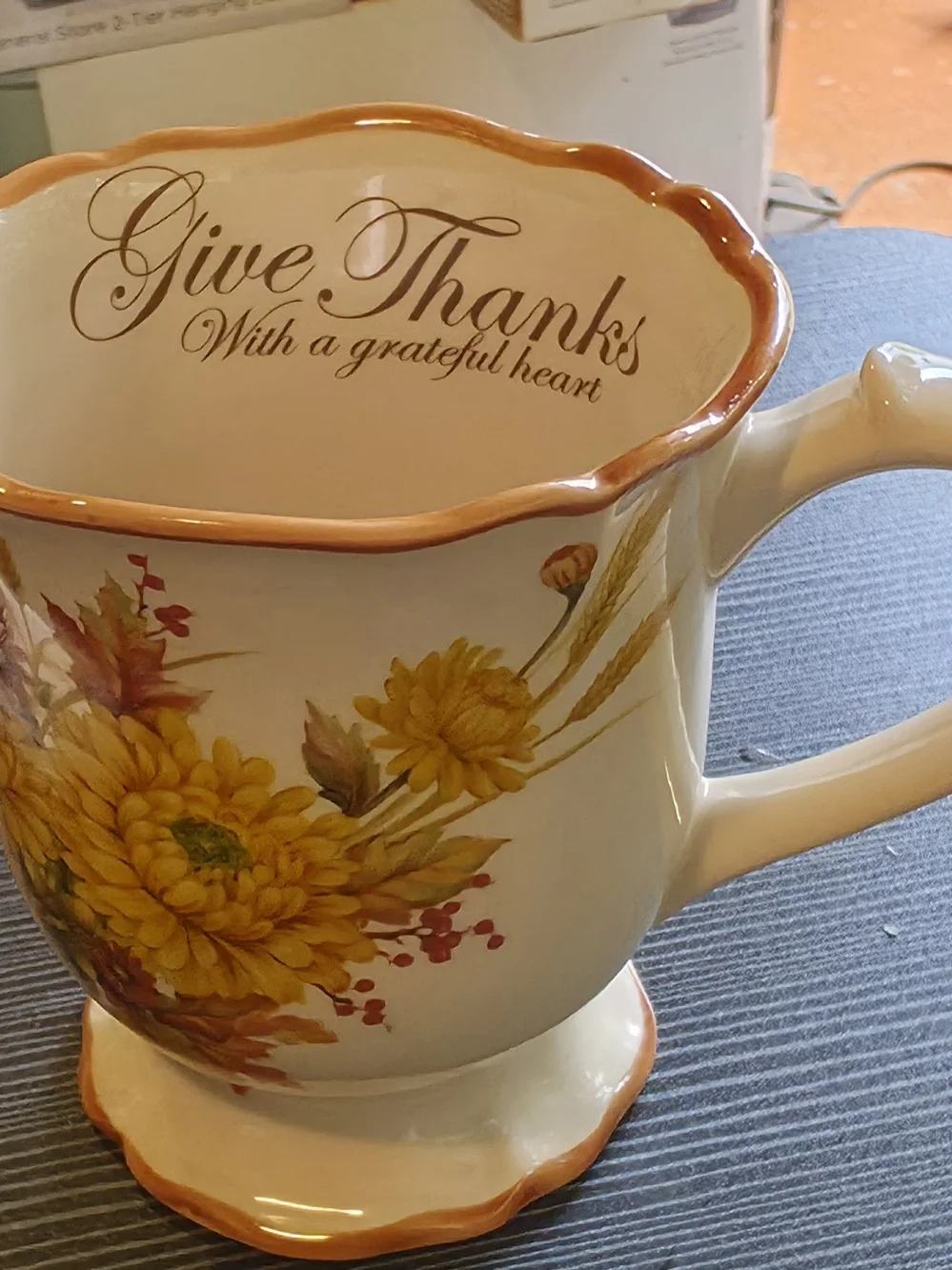 Yellow Floral Ceramic Mug with Orange Trim CRACKER BARREL